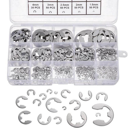 Stainless Steel E Type Open Circlips 1.5-15mm Pack - compartment case with assorted stainless E-clips for shafts, bearings, valves and automotive repairs
