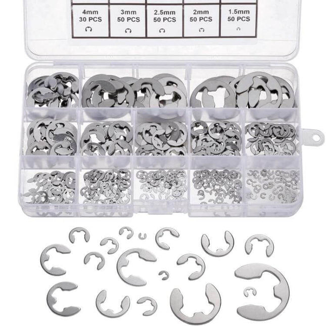 Stainless Steel E Type Open Circlips 1.5-15mm Pack - compartment case with assorted stainless E-clips for shafts, bearings, valves and automotive repairs