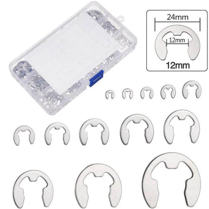 Stainless Steel E Type Open Circlips 1.5-15mm Pack - stainless circlip assortment in compartmental case for shafts, bearings, valves and machinery
