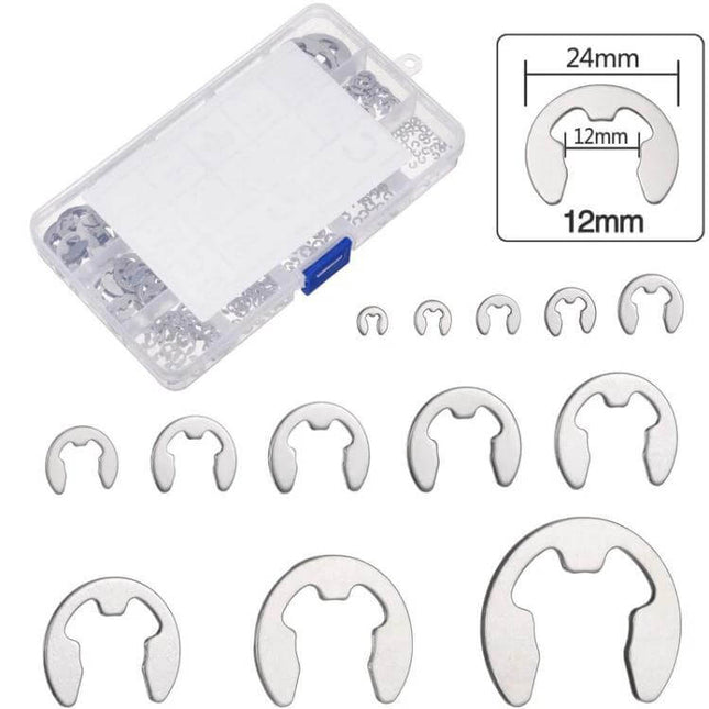 Stainless Steel E Type Open Circlips 1.5-15mm Pack - stainless circlip assortment in compartmental case for shafts, bearings, valves and machinery
