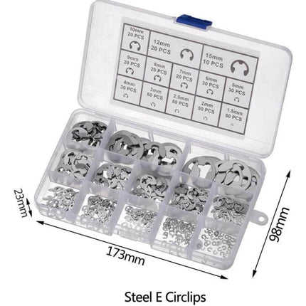 Stainless Steel E Type Open Circlips 1.5-15mm Pack in compartmental plastic case showing assorted E-clips for shafts and housings