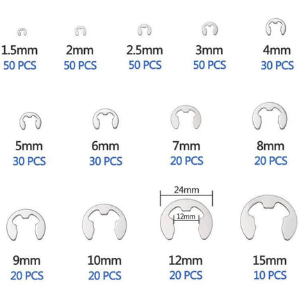 Stainless Steel E Type Open Circlips 1.5-15mm Pack showing sizes 1.5mm–15mm with piece counts in a compartmented case