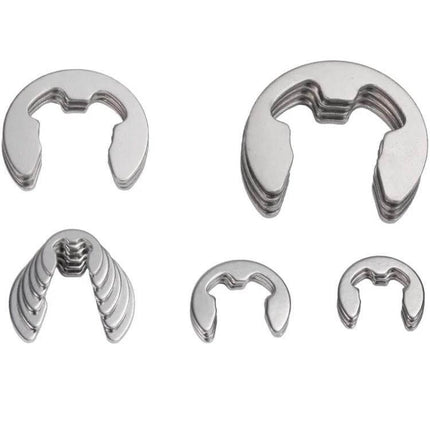 Stainless Steel E Type Open Circlips 1.5-15mm Pack showing assorted corrosion-resistant E-clips in compartmental case for shafts, bearings and automotive use