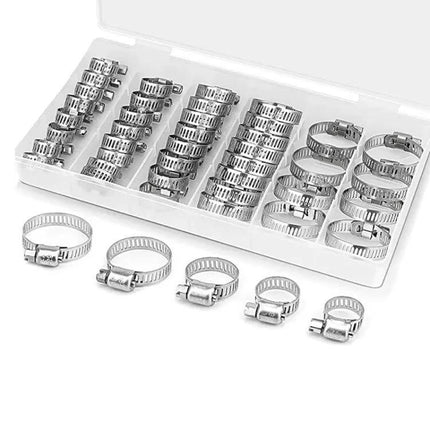 40-Piece Stainless Steel American-Style Heavy-Duty Clamp Kit neatly organized in a plastic case showing various hose clamp sizes and rust-resistant finish