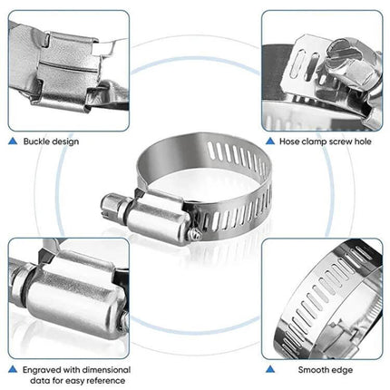 40-Piece Stainless Steel American-Style Heavy-Duty Clamp Kit showing close-up hose clamp, buckle design, screw hole, smooth edge and dimensional engraving