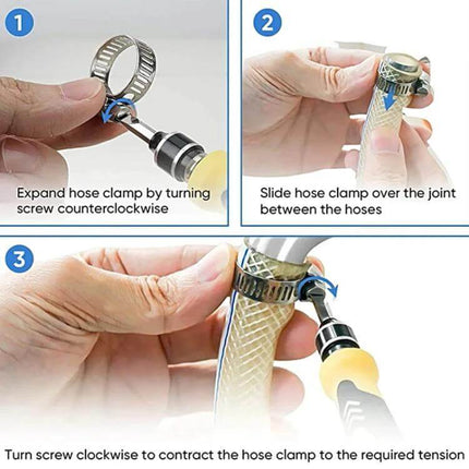 40-Piece Stainless Steel American-Style Heavy-Duty Clamp Kit showing hands installing hose clamp on flexible hose with screwdriver