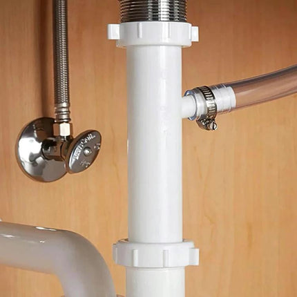 40-Piece Stainless Steel American-Style Heavy-Duty Clamp Kit securing clear drain hose to under-sink PVC pipe with stainless band clamp