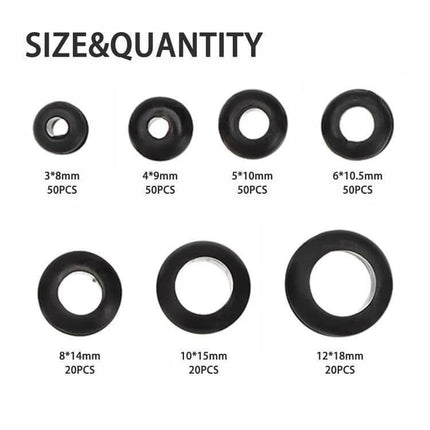 260-Piece Double-Sided O-Ring Seals for Cables in Conduits - nitrile NBR grommet kit with seven sizes (3×8 to 12×18mm) for automotive, RV, boat and lighting