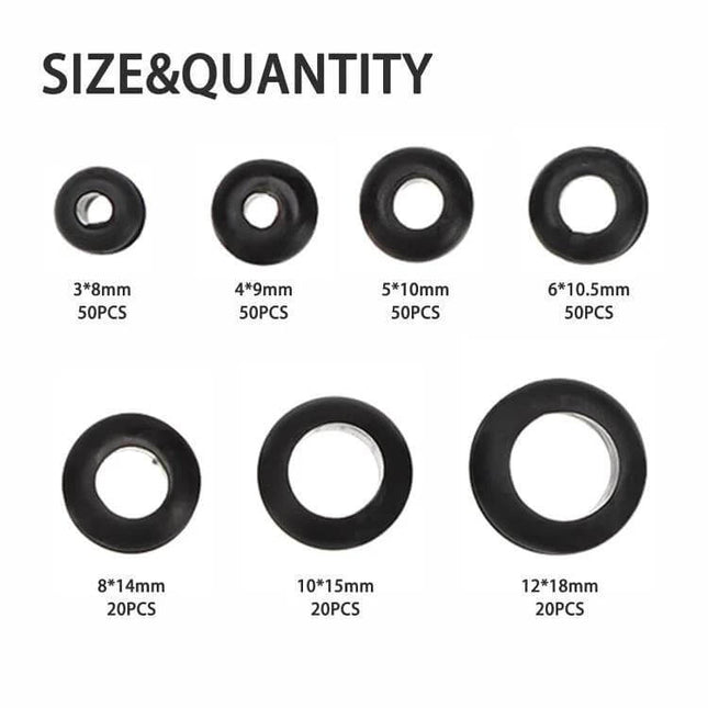 260-Piece Double-Sided O-Ring Seals for Cables in Conduits - nitrile NBR grommet kit with seven sizes (3×8 to 12×18mm) for automotive, RV, boat and lighting