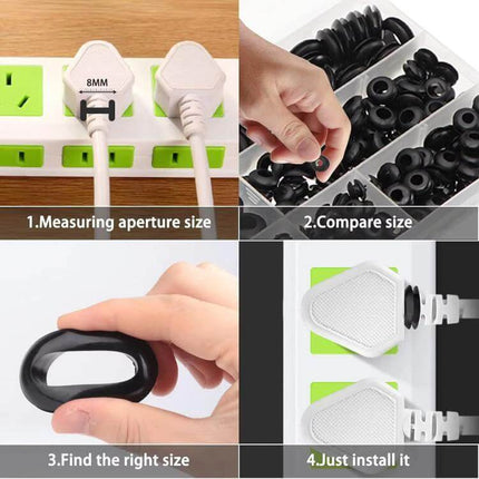260-Piece Double-Sided O-Ring Seals for Cables in Conduits - nitrile grommet kit showing measuring, size comparison, selection and installation