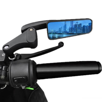 Universal Motorcycle Reverse Assist Reflective Rearview Mirror Blue mounted on handlebar showing blue anti-glare reflective glass