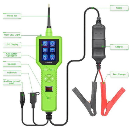 TopDiag Professional Circuit Tester for Automotive Diagnostics handheld tester with 2.4-inch TFT screen, probe tip, USB port and test clamps