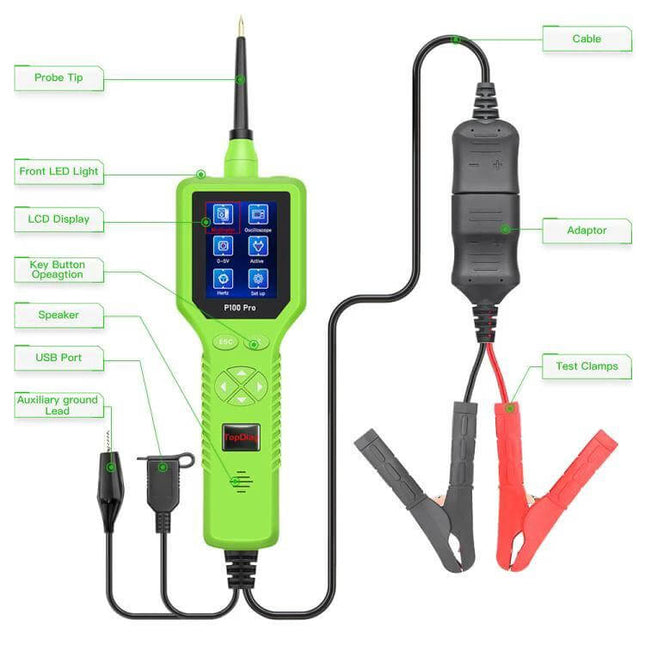 TopDiag Professional Circuit Tester for Automotive Diagnostics handheld tester with 2.4-inch TFT screen, probe tip, USB port and test clamps
