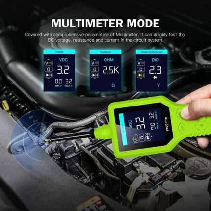 TopDiag Professional Circuit Tester for Automotive Diagnostics showing multimeter mode on 2.4-inch TFT testing vehicle wiring