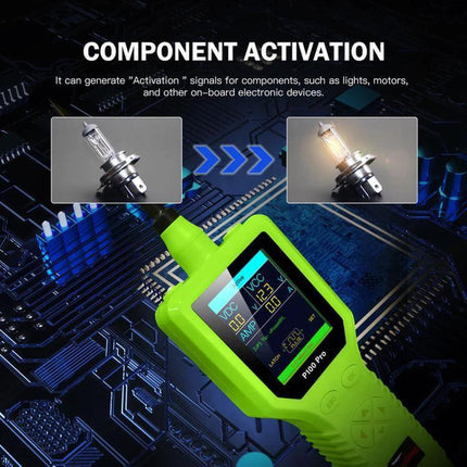 TopDiag Professional Circuit Tester for Automotive Diagnostics showing 2.4-inch TFT screen, component activation testing and bulb activation demo