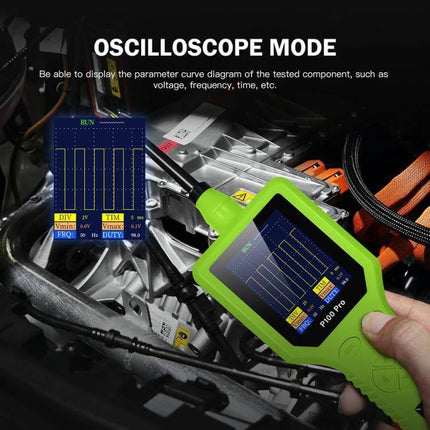 TopDiag Professional Circuit Tester for Automotive Diagnostics displaying oscilloscope mode with waveform readout on a vehicle wiring harness