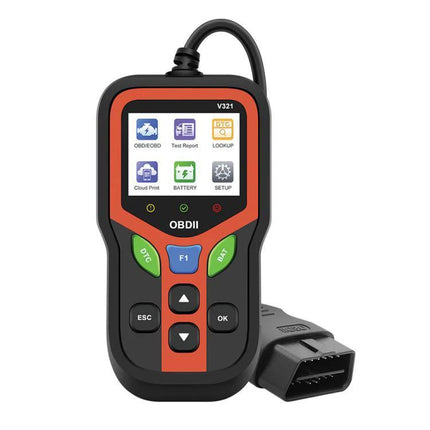 Tool for Checking Car Battery Health in Everyday Drives - handheld OBDII battery health checker with screen and OBD connector