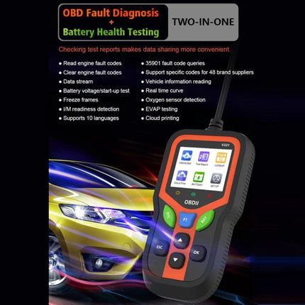 Tool for Checking Car Battery Health in Everyday Drives - handheld OBDII battery health checker displaying diagnostics on screen