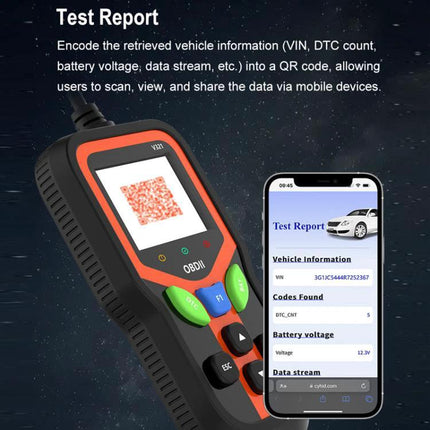 Tool for Checking Car Battery Health in Everyday Drives - handheld OBDII battery tester showing QR test report and mobile app readout