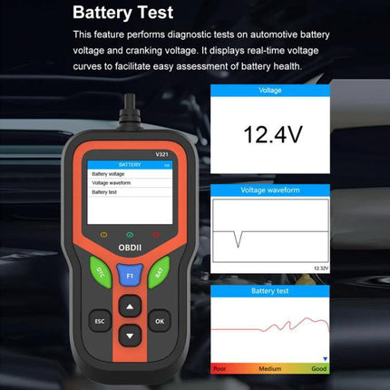 Tool for Checking Car Battery Health in Everyday Drives - handheld OBDII battery tester showing 12.4V and waveform display