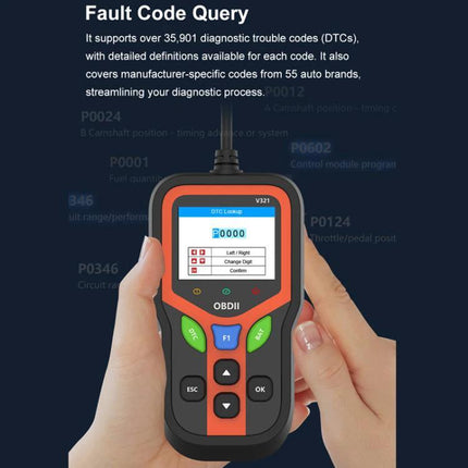 Tool for Checking Car Battery Health in Everyday Drives - handheld OBDII battery health checker plugged into car, screen showing DTC code