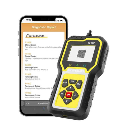 Engine Diagnostic Tester for Resetting Vehicle Faults handheld OBD2 reader with phone app showing diagnostic report