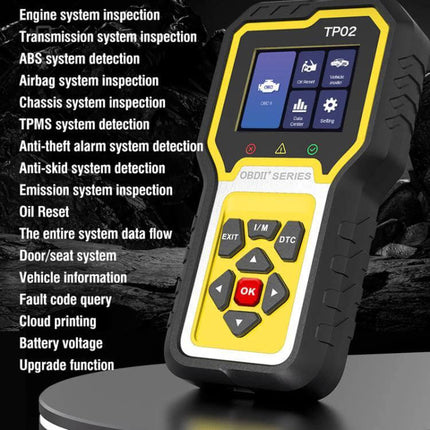 Engine Diagnostic Tester for Resetting Vehicle Faults handheld OBDII scanner showing menu and buttons for reading and clearing fault codes