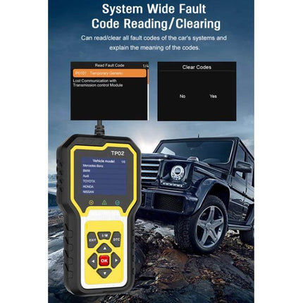 Engine Diagnostic Tester for Resetting Vehicle Faults handheld OBD2 scanner showing fault codes next to SUV, ideal for DIY code reading and clearing