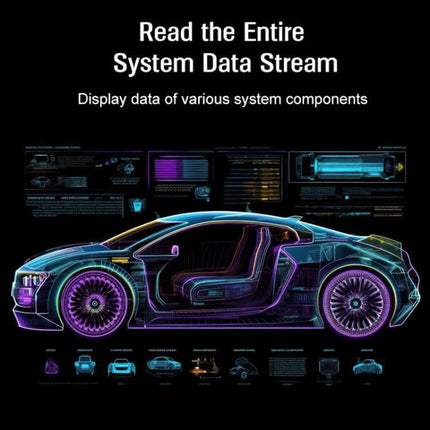 Engine Diagnostic Tester for Resetting Vehicle Faults showing neon car system data stream display for reading codes and system diagnostics