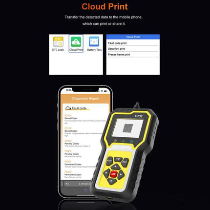 Engine Diagnostic Tester for Resetting Vehicle Faults handheld OBD scanner showing diagnostic report and cloud print to smartphone