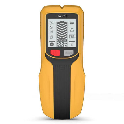 Multifunctional Wall Stud and Metal Detector for Home Use - yellow handheld HW-810 with LCD showing stud center, mode and battery indicators