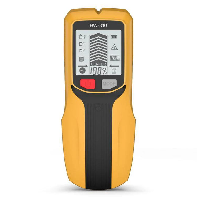 Multifunctional Wall Stud and Metal Detector for Home Use - yellow handheld HW-810 with LCD showing stud center, mode and battery indicators