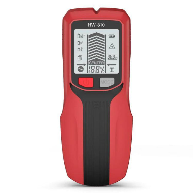 Multifunctional Wall Stud and Metal Detector for Home Use - red HW-810 handheld stud finder showing LCD display and mode buttons