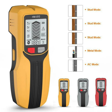 Multifunctional Wall Stud and Metal Detector for Home Use - yellow handheld stud finder showing LCD modes for wood, metal, and AC wiring