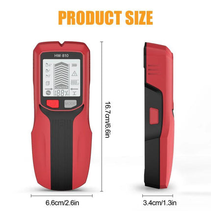 Multifunctional Wall Stud and Metal Detector for Home Use showing red HW-810 device front and side with dimensions 6.6cm x 3.4cm x 16.7cm