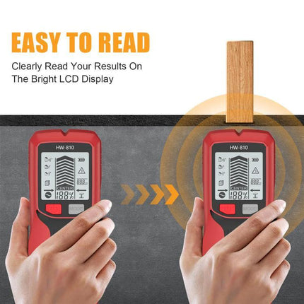Multifunctional Wall Stud and Metal Detector for Home Use showing hands holding detector with LCD locating wood stud