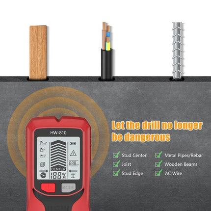 Multifunctional Wall Stud and Metal Detector for Home Use - red HW-810 locating stud center, metal pipes, rebar, joists and AC wiring in wall