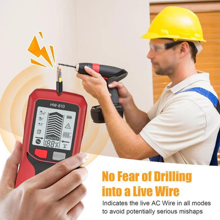 Multifunctional Wall Stud and Metal Detector for Home Use showing device detecting live AC wire while installer drills