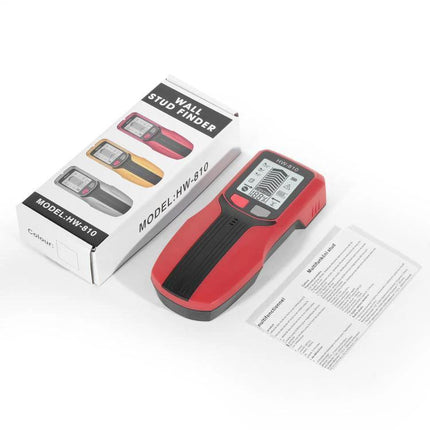 Multifunctional Wall Stud and Metal Detector for Home Use - red handheld stud finder with box and manual, digital screen showing stud and wiring indicators