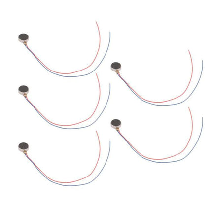 5-Piece Flat Button Vibration Motor for Beauty Devices - close-up of five small flat vibration motors with red and blue wires