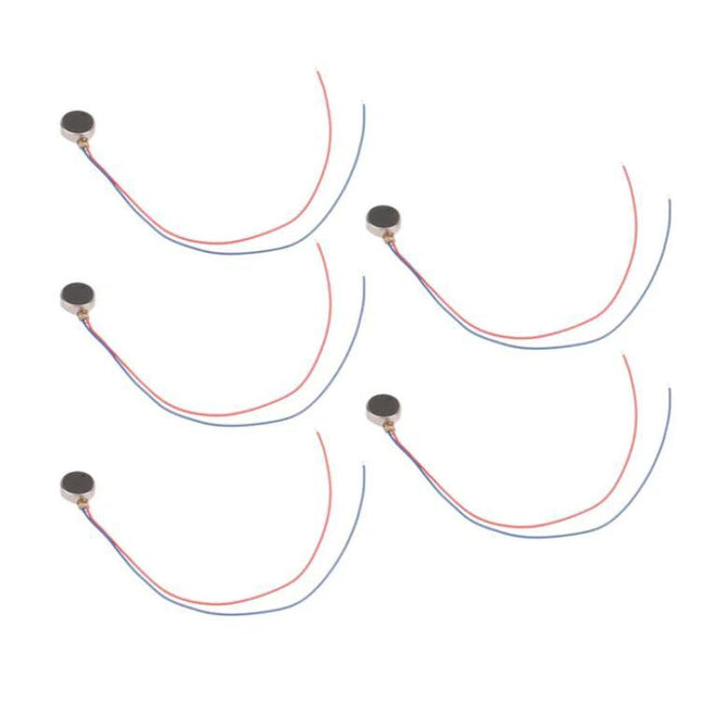 5-Piece Flat Button Vibration Motor for Beauty Devices - close-up of five small flat vibration motors with red and blue wires