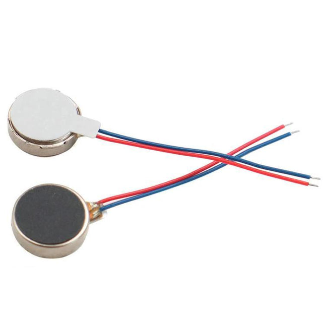 5-Piece Flat Button Vibration Motor for Beauty Devices – two flat coin vibration motors with red and blue wires for facial cleansers and small electronics