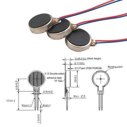 5-Piece Flat Button Vibration Motor for Beauty Devices - set of three flat coin vibration motors with wires and technical diagram