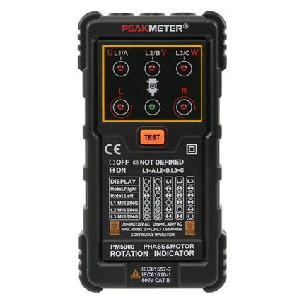 PEAKMETER Three-Phase Motor Phase Sequence Detector for AC Lines handheld phase rotation tester showing test button and LED indicators