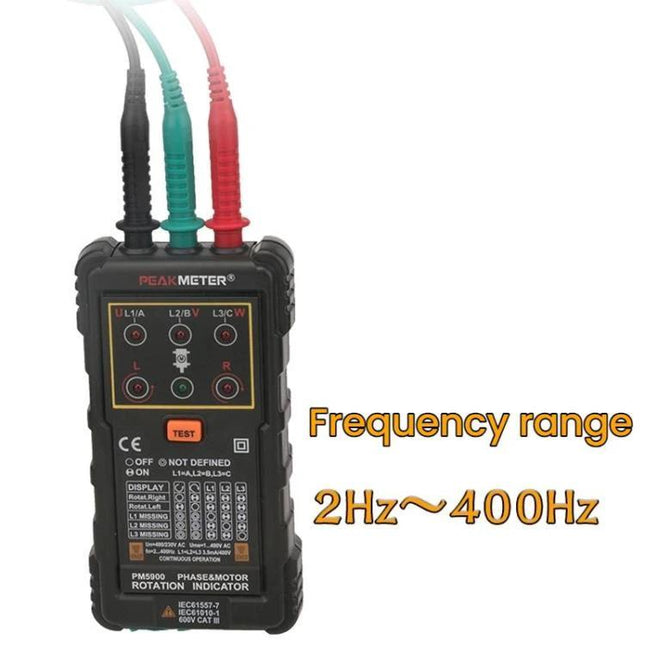 PEAKMETER Three-Phase Motor Phase Sequence Detector for AC Lines handheld tester with red green black leads showing 2Hz–400Hz frequency range