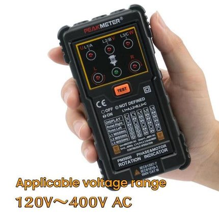 PEAKMETER Three-Phase Motor Phase Sequence Detector for AC Lines handheld tester showing LEDs and 120V-400V AC label