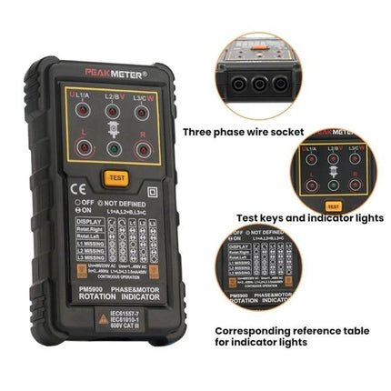 PEAKMETER Three-Phase Motor Phase Sequence Detector for AC Lines - handheld phase rotation tester with sockets, test button and indicator lights