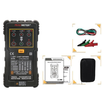 PEAKMETER Three-Phase Motor Phase Sequence Detector for AC Lines showing detector unit, test leads, clips, manual and carrying case