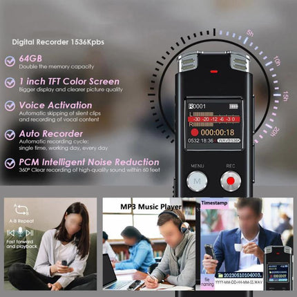 Digital Voice Recorder for Capturing Daily Meetings and Notes - 64GB voice-activated recorder with TFT screen, PCM noise reduction
