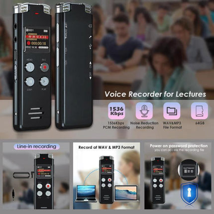 Digital Voice Recorder for Capturing Daily Meetings and Notes - compact black recorder for lectures and meetings, noise reduction, WAV/MP3, 4GB